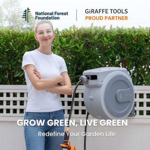 Giraffe Tools Retractable Garden Hose Reel, 5/8 in x 90 ft Heavy Duty Hose Reel With 9 Pattern Nozzle, Any Length Lock, Wall Mount Water Hose Reel, 180°Swivel, Light Grey - Image 2