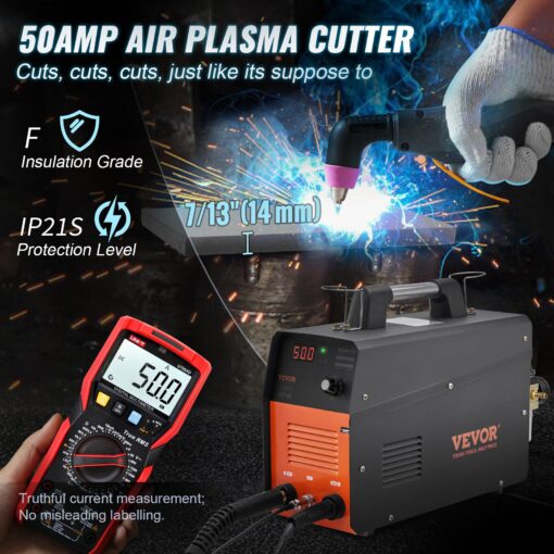 VEVOR Plasma Cutter, 50Amp, Air Cutting Machine with Plasma Torch, 110V/220V Dual Voltage AC IGBT Inverter Metal Cutting Equipment for 1/2" Clean Cut Aluminum and Stainless Steel, Black - Image 10