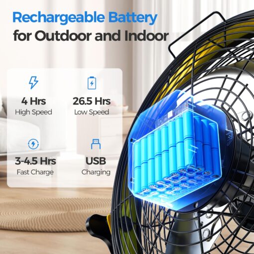 YUEMA Battery Operated Powered 14 Inch Floor Fan High Velocity Rechargeable Fan Cordless Metal Blade Portable Fan for Camping Travel Patio Tent Indoor Outdoor 360 Degree Manual Tilt 12 Speed - Image 7