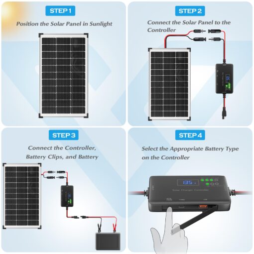Voltset Solar Panel Charger Kit: 100W 12V Solar Panel with 20A Solar Charge Controller, Monocrystalline Solar Panel for RV Battery Car Trailer Marine Boat Caravan and Other Off Grid System - Image 7