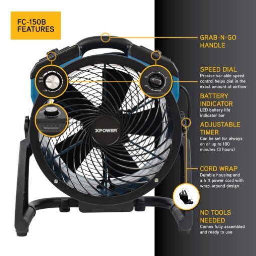 XPOWER FC-150B Portable High Velocity AC/DC Dual Power Operated Portable Rechargeable Battery 18,200mAh Utility Fan, Extended Air Flow, 1000 CFM - Image 6