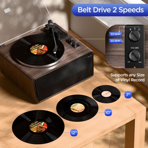 All in One Vinyl Record Player, Bluetooth Turntable with Built in 4 Stereo Speakers Phono Preamp, High Fidelity Turntables for Vinyl Records with Magnetic Cartridge AT-3600L MM, Belt Drive 2-Speed - Image 6