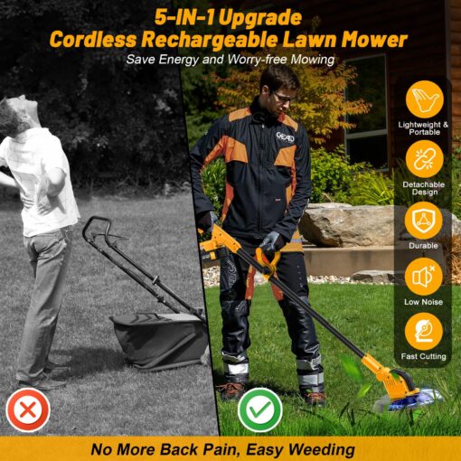 12 Inch Electric Weed Wacker, Lightweight Electric Weed Eater,800W Brushless Motor, 6000mAH, 2 Batteries, Multifunctional Grass Trimmer Lawn Tool,Yellow - Image 3