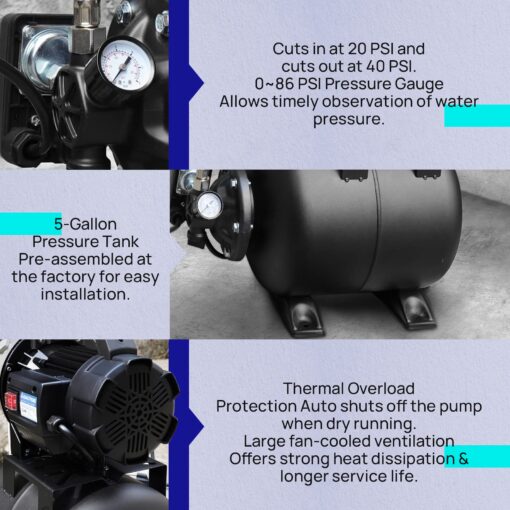 Aquastrong 1.6 HP Shallow Well Pump with Pressure Tank, 1320 GPH, 115V, Stainless Steel Irrigation, Automatic Water Booster Jet Pump for Home, Garden, Lawn - Image 3