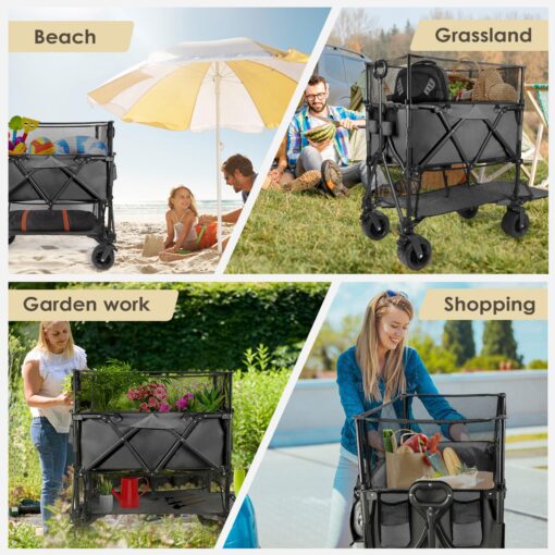HOPERAN 550L XXL Foldable Double Decker Wagon-Greater Capacity,360° Adjustable Handle Heavy Duty 550LBS Collapsible Cart with 54" Extra Extender,All Terrain Double-Locking Brack Wheels (Black) - Image 2