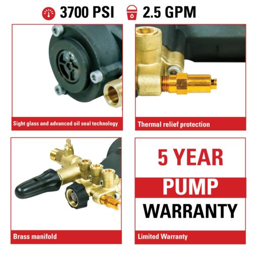 AAA 90037 Horizontal Triplex Plunger Replacement Pressure Washer Pump Kit, 3700 PSI, 2.5 GPM, 3/4" Shaft, Includes Hardware and Siphon Tube, for Industrial Gas Powered Machines, Black - Image 5