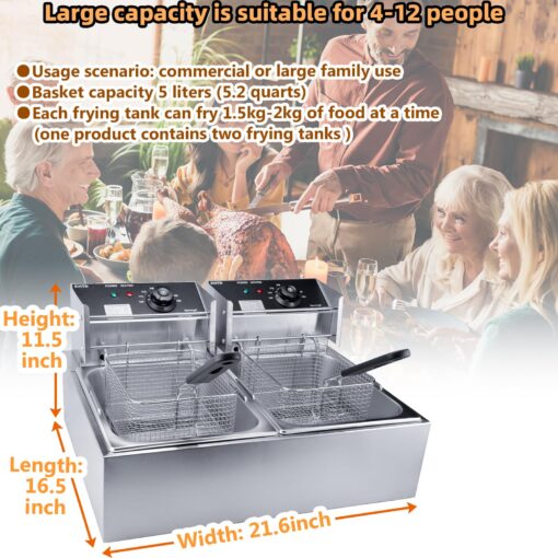 Commercial Deep Fryer with Basket, 3400W 12.7QT/12L, Detachable Large Capacity Stainless Steel Countertop Electric Oil Fryer with Temperature Control for Restaurant or Home Use - Image 2