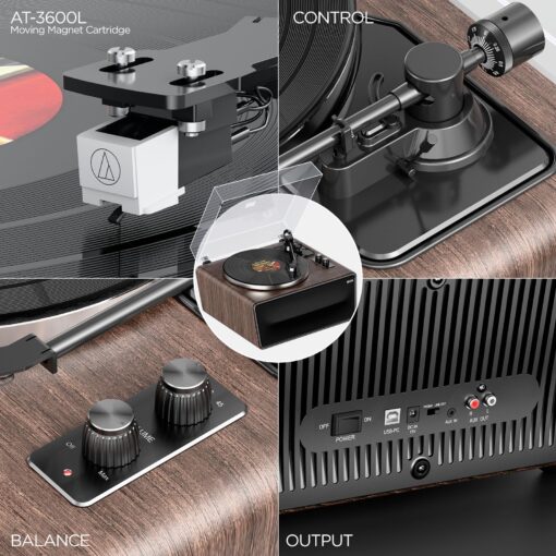 All in One Vinyl Record Player, Bluetooth Turntable with Built in 4 Stereo Speakers Phono Preamp, High Fidelity Turntables for Vinyl Records with Magnetic Cartridge AT-3600L MM, Belt Drive 2-Speed - Image 8