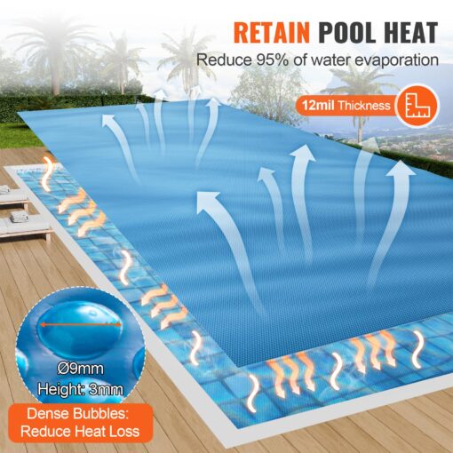 VEVOR Solar Pool Cover, 32 x 16 ft Rectangle Solar Cover 12 mil for Pools, Inground Above Ground Swimming Pool Solar Blanket with Bubble, Heat Retaining Solar Covers Blue - Image 9