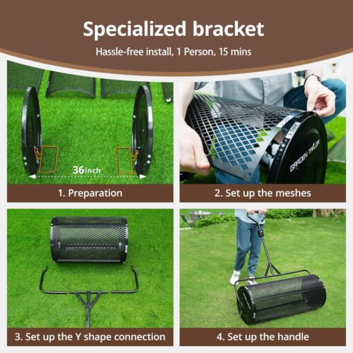 Garden Tailor Compost Spreader 44 Inch Towable Peat Moss Spreader with Installation Accessories, Metal Mesh Roller Lawn Spreader for Top Soil, Manure, Mulch, Top Dressing - Garden spreaders for lawns - Image 4