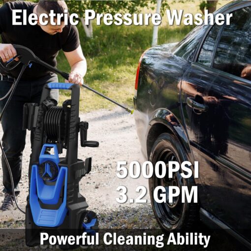 Zelonpro Electric Pressure Washer, 5000PSI 3.2GPM, Power Washer with Hose Reel, Foam Cannon, Car Wash Machine with 20FT Hose, 35FT Cord, High Pressure Washer for Deck, Driveway, Patio, Blue - Image 3