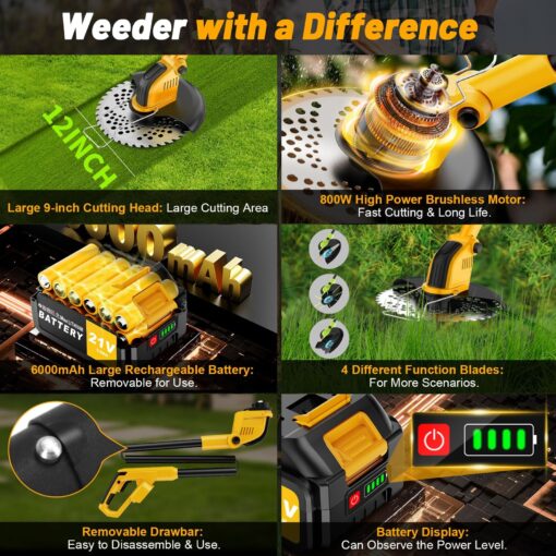 12 Inch Electric Weed Wacker, Lightweight Electric Weed Eater,800W Brushless Motor, 6000mAH, 2 Batteries, Multifunctional Grass Trimmer Lawn Tool,Yellow - Image 7