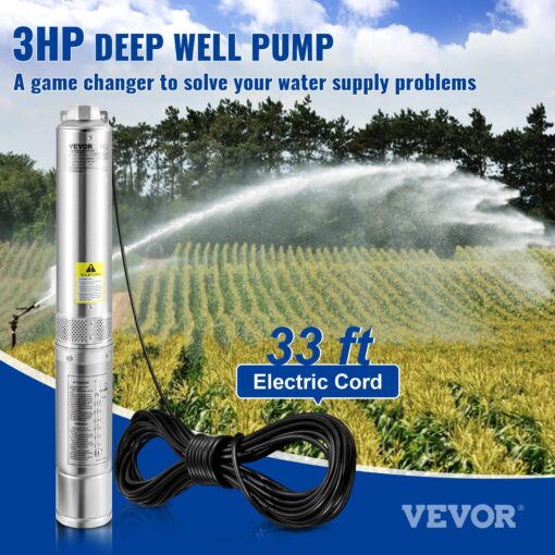 VEVOR Deep Well Submersible Pump, 3HP/2200W 230V/60Hz, 37GPM Flow 640 ft Head, with 33 ft Electric Cord, 4 inch Stainless Steel Water Pumps for Industrial, Irrigation & Home Use, IP68 Waterproof Grade - Image 9