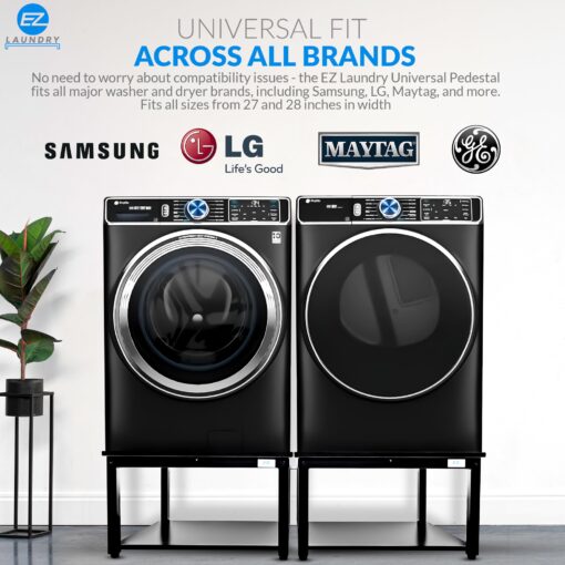 EZ Laundry | Upgraded 28” Universal Pedestal – 700lbs Capacity, Raises 16” with Built-in Drain Pan + Hose, Adjustable Feet, Anti-Vibration & Storage Shelf fits 27" or 28" Washer & Dryer (Black) - Image 3