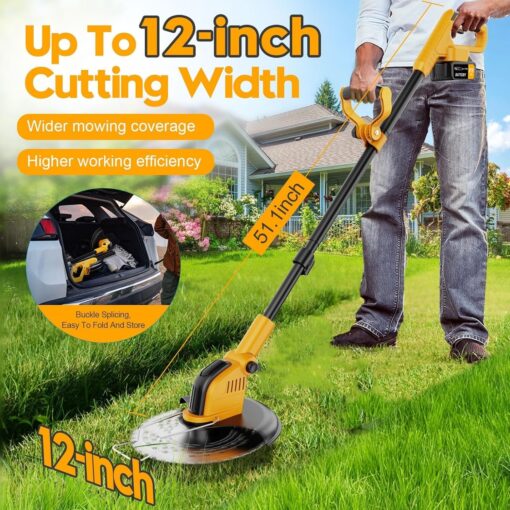 12 Inch Electric Weed Wacker, Lightweight Electric Weed Eater,800W Brushless Motor, 6000mAH, 2 Batteries, Multifunctional Grass Trimmer Lawn Tool,Yellow - Image 5