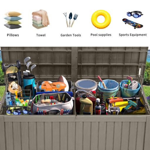 YITAHOME 180 Gallon XL Outdoor Storage Deck Box with Divider, Waterproof & Lockable, Ideal for Patio Furniture and Garden Tools, Resin-Built, Wood-Like Texture, Brown - Image 4
