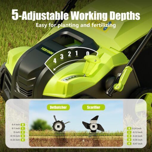 16-Inch Electric Dethatcher and Scarifier, YERYORK 2-in-1 Lawn Dethatcher with Powerful 15 AMP Motor 14.5Gal Collection Bag 5-Position Depth Foldable Handle for Lawns & Garden (Green) - Image 4