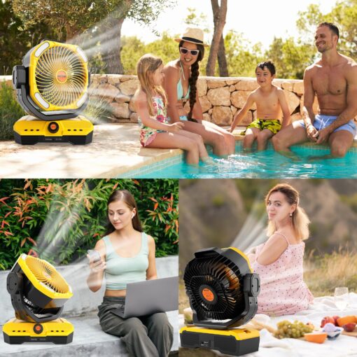 WESTTREE Battery Operated Large Airflow Fan,45000mAh Rechargeable Camping Cordless Fan with 360°Auto Oscillation & Timer, Queit Battery Powered Tent Fans Portable with RGBW Lights for Home X66 Yellow - Image 2