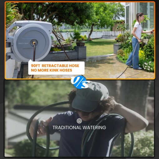 Giraffe Tools Retractable Garden Hose Reel, 5/8 in x 90 ft Heavy Duty Hose Reel With 9 Pattern Nozzle, Any Length Lock, Wall Mount Water Hose Reel, 180°Swivel, Light Grey - Image 6