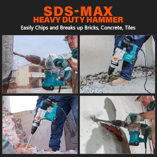 Berserker 1-9/16" SDS-Max Heavy Duty Rotary Hammer Drill with Vibration Control,Safety Clutch,13 Amp 3 Functions Demolition Rotomartillo for Concrete-Including 4 Drill Bits,2 Chisels,Carrying Case - Image 4