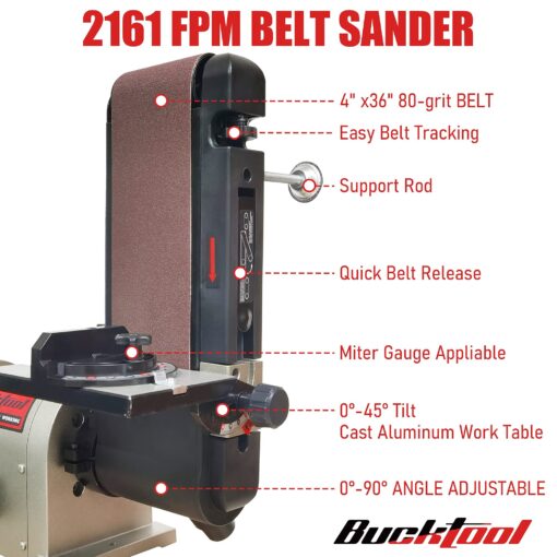 BUCKTOOL 5.0A Belt Disc Sander 4 in x 36 in Belt and 6 in Disc Sander with 3/4HP Direct-drive Motor and Portable Al Base, BD4603 Upgraded Model - Image 7