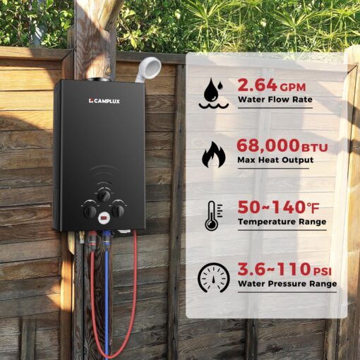 CAMPLUX Tankless Water Heater Propane, 2.64GPM Portable Water Heater for Off Grid, Camping, Outdoor Shower, 68,000 BTU Portable Hot Water Heater, BW264B, Black - Image 6