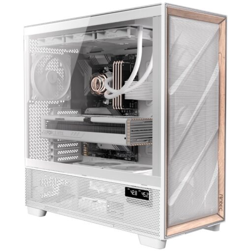 Antec Flux Pro White, 6 x PWM Fans Included, High-Airflow Front Panel with Birch Wood, iShift PSU 90° Mount, USB3.0 x 2, Type-C, 420mm Radiator Support, Temp. Display, Full-Tower E-ATX PC Case