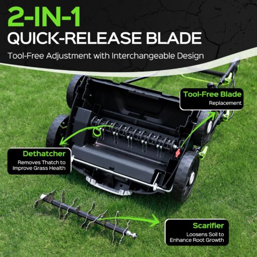 TIECTOWN 16-Inch 15.5 Amp 2-in-1 Electric Dethatcher and Scarifier with 14.5-Gallon Removable Thatch Collection Bag, Lawn Dethatcher with 5-Position Depth Adjustment, Quick-Fold, Keeps Lawn Healthy - Image 7