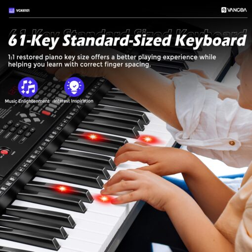 Vangoa 61 Key Keyboard Piano, Light-Up Electric Piano Keyboard Kit with 600 Voices, 400 Rhythms with Piano Stand, Microphone, Recording/USB, Gift for Beginners, Black (VGK6101) - Image 2