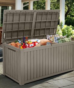 YITAHOME 180 Gallon XL Outdoor Storage Deck Box with Divider, Waterproof & Lockable, Ideal for Patio Furniture and Garden Tools, Resin-Built, Wood-Like Texture, Brown