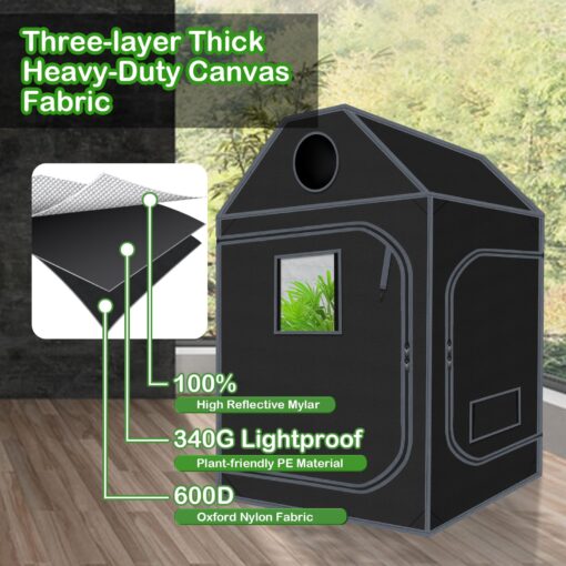 5x5 Grow Tent, 60"x60"x72" Roof Cube Plant Grow Tent, Indoor Growing Tent with Observation Windows, Lightproof Roof Cube Tent with Floor Tray, Mylar Hydroponic Tent - Image 6
