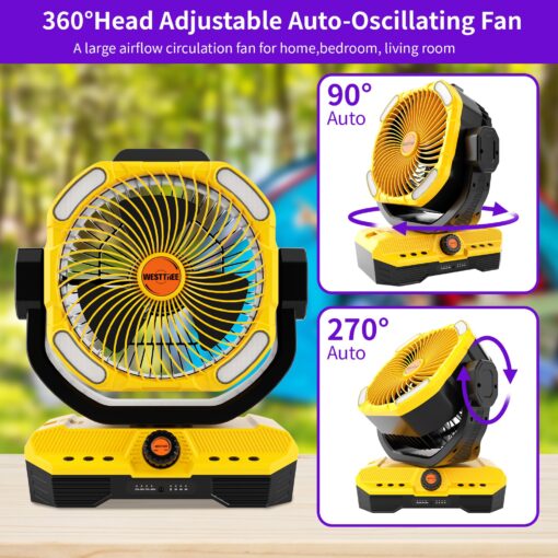 WESTTREE Battery Operated Large Airflow Fan,45000mAh Rechargeable Camping Cordless Fan with 360°Auto Oscillation & Timer, Queit Battery Powered Tent Fans Portable with RGBW Lights for Home X66 Yellow - Image 6