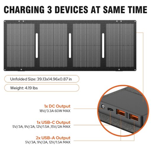 Portable Solar Generator, 300W Portable Power Station with Foldable 60W Solar Panel, 110V Pure Sine Wave 280Wh Lithium Battery Pack with USB DC AC Outlet for Home Use RV Van Outdoor Camping-Orange - Image 5