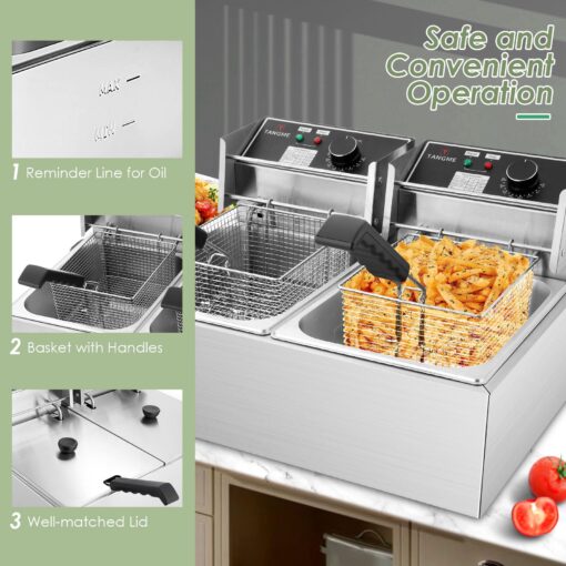 Commercial Deep Fryer, 3400W Electric Deep Fryers with 2x6.35QT Baskets 0.8mm Thickened Stainless Steel Countertop Oil Fryer 20.7QT Large Capacity with Temperature Limiter (12L) - Image 9