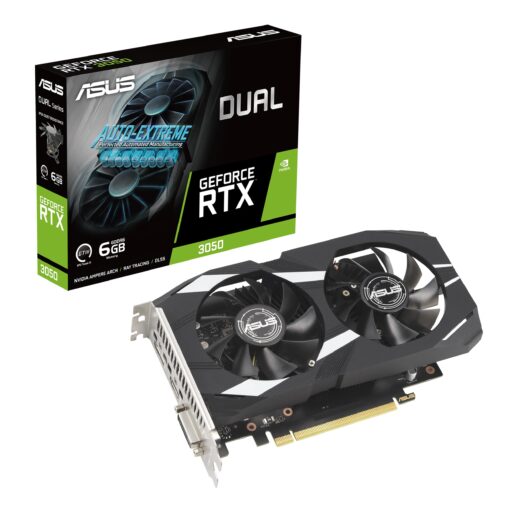ASUS Dual NVIDIA GeForce RTX 3050 6GB Gaming Graphics Card - PCIe 4.0, 6GB GDDR6 Memory, HDMI 2.1, DisplayPort 1.4a, Native DVI-D, 2-Slot Design, Steel Bracket, IP5X Rating, GPU Tweak III