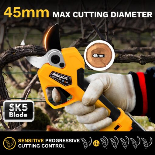 SWANSOFT Electric Pruning Shears, 45mm 1.77'' Cutting Diameter Cordless Electric Pruners Shears Battery Powered, 1150W Tree Branch Pruner with 2Pack 4Ah Rechargable Batteries(Yellow) - Image 5