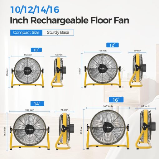 YUEMA Battery Operated Powered 14 Inch Floor Fan High Velocity Rechargeable Fan Cordless Metal Blade Portable Fan for Camping Travel Patio Tent Indoor Outdoor 360 Degree Manual Tilt 12 Speed - Image 2
