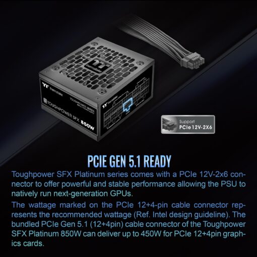 Thermaltake Toughpower SFX 850W 80Plus Platinum ATX 3.1 Standard Power Supply; 450W 12V-2x6 Connector Included; Full Modular; 90mm FDB Fan; PS-STP-0850FNFAPU-1; 7 Year Warranty - Image 4
