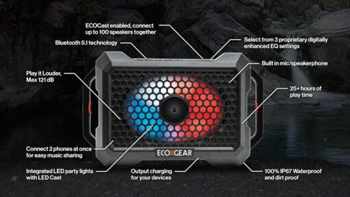 ECOXGEAR Defender: Outdoor Portable Bluetooth Speaker, 121dB Massive Sound, Waterproof and Drop Proof, with LED Party Lights, Pair up to 100, 25+ Hours Playtime (Whitewater) - Image 4
