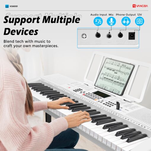 Vangoa Keyboard Piano 61 Key, Full Size Electric Piano Keyboard Light UP Keys with 3 Teaching Modes, Learning Music Keyboard Piano with Stand Headphones for Beginners Students, VGK6101 White - Image 2