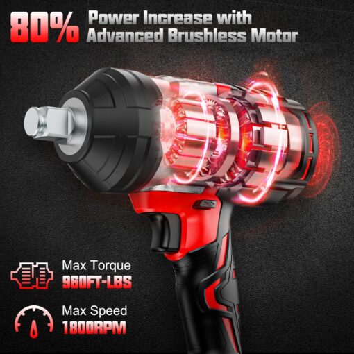Avhrit 1300NM(960Ft-lbs) Cordless Impact Wrench 1/2 inch w/ 2x 5000mAh Battery, 1/2 Electric Impact Gun, Fast Charger, 4 Sockets, High Torque Impact Wrench for Car Truck, Heavy-duty Project - Image 8
