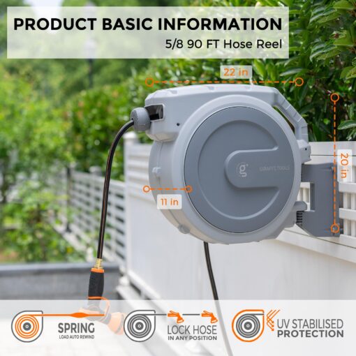 Giraffe Tools Retractable Garden Hose Reel, 5/8 in x 90 ft Heavy Duty Hose Reel With 9 Pattern Nozzle, Any Length Lock, Wall Mount Water Hose Reel, 180°Swivel, Light Grey - Image 3