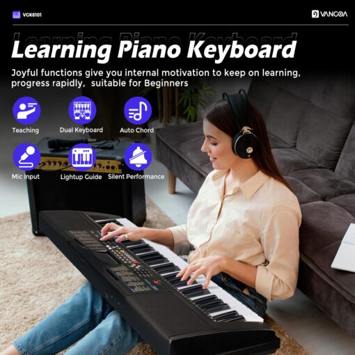 Vangoa 61 Key Keyboard Piano, Light-Up Electric Piano Keyboard Kit with 600 Voices, 400 Rhythms with Piano Stand, Microphone, Recording/USB, Gift for Beginners, Black (VGK6101) - Image 6