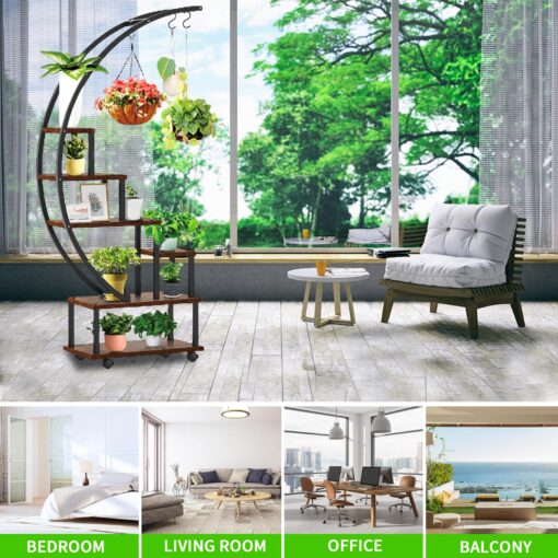 homegroove 2 pcs 6 Tier Tall Metal Plant Stand Indoor, Half Moon Shape Large Plant Shelf with Detachable Wheels, Curved Ladder Flower Pot Stand Rack for Home Patio Lawn Garden Balcony Round-Brown - Image 4