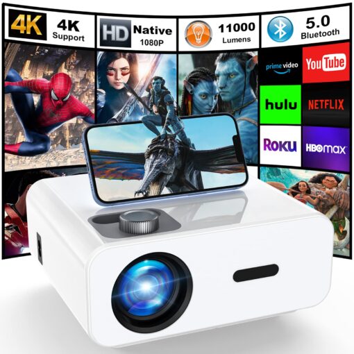 HONPOW Native 1080P Full HD Bluetooth Projector, 11000 Lumens Mini Portable Outdoor Indoor Movie Projector, Compatible with Laptop, Smartphone, TV Stick, Xbox, PS5