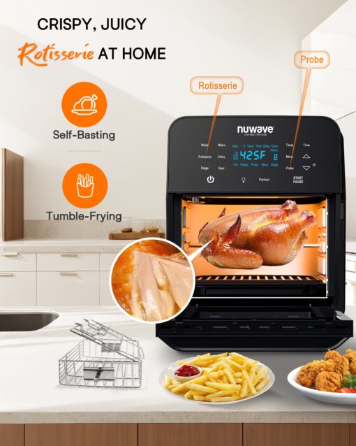Nuwave Brio 15.5Qt Air Fryer Toaster Oven & Rotisserie Kit, 2024 New Advanced Turbo Convection Tech, Healthy PFAS Free, Max Even & Crisp, Powerful 1800W, 50-425°F, 150 Presets, Smart Probe, 4 Rack - Image 6