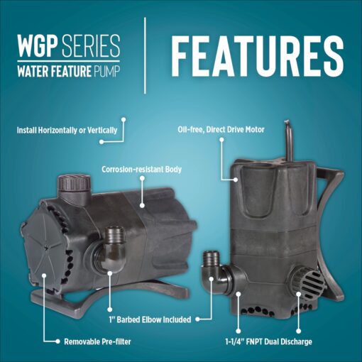 Little Giant WGP-95-PW 115 Volt, 4280 GPH Dual Discharge Direct Drive Submersible Waterfall and Pond Pump, Black, 566407 - Image 6