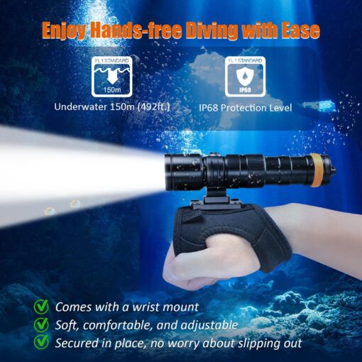 ORCATORCH DC710 Scuba Dive Light Type C Rechargeable, 3000 Lumens Super Bright Underwater Flashlight, IP68 Waterproof Submersible Torch with WS02 Wrist Strap Mount for Hands-Free Diving - Image 3
