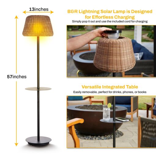 B&R Lighting Solar Outdoor Floor Lamp with Table - Cordless Outdoor Floor Lamp - Patio, Porch, Garden - Rattan Wicker Lights for Outside - Waterproof, Rechargeable, Weatherproof - Image 3