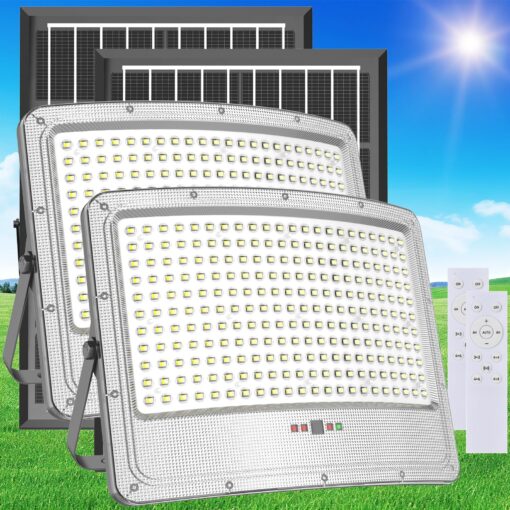 TENKOO Solar Street Flood Lights Outdoor 5000W 2 Pack Solar Parking Lot Lights Dusk to Dawn 200000LM IP67 Waterproof Security Commercial Lighting with 16.4ft Cables for Yard, Garden, Stadium, Pathway